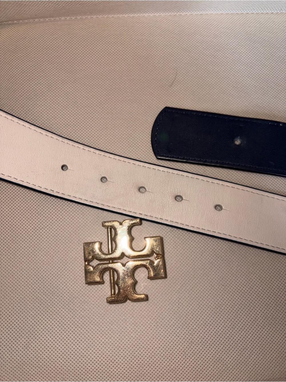 Tory Burch Navy Leather Belt with Gold Logo Buckle - Picture 5 of 12